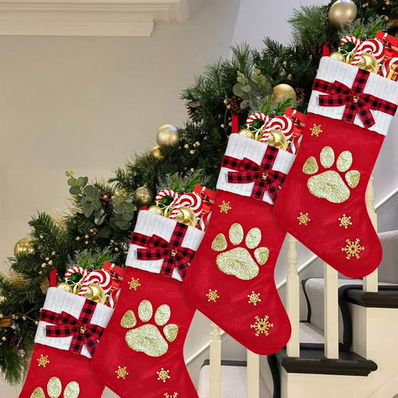 1 PC Christmas Dog Paw Stockings Xmas Stockings Personalized Christmas Stocking Christmas Party Fireplace Family Hanging Stocking Decorations Gift Bag Gift for Dog Lovers