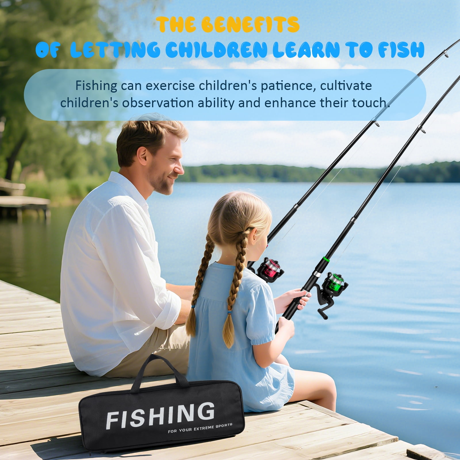 YTAKY Kids Fishing Pole, 75 pcs lure set, Reel Combo Full Kit 3.9ft & 4.9ft Telescopic Casting Rod Pole with Spincast Reel and Hooks Lures Swivels Carry Bag