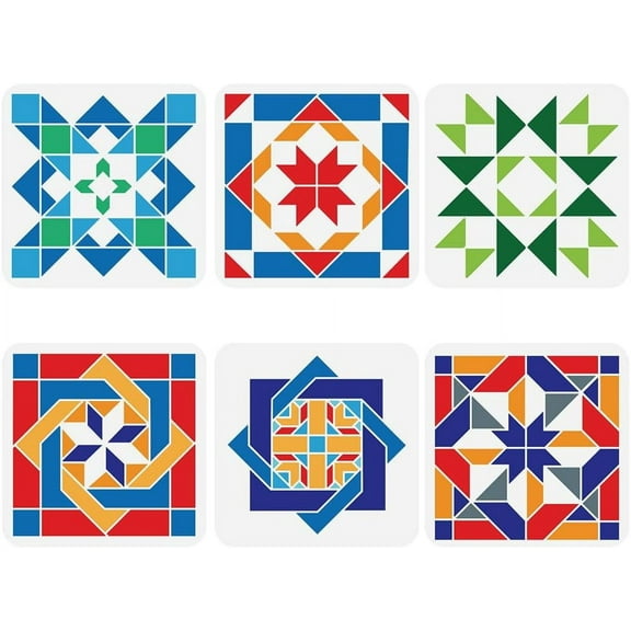 6 Pcs Sunshine Barn Quilt Stencil 7.87x7.87 Inch Kaleidoscope Quilt Block Painting Plastic Geometric Patterns Reusable DIY Art Craft for Home Wall Tile Decor