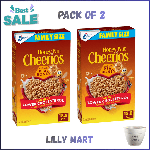 Honey Nut Cheerios, Heart Healthy Gluten Free Breakfast Cereal, Family Size, 18.8 oz pack of 2