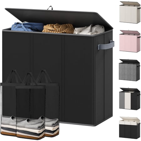 180L Laundry Hamper 3 Section, Large Laundry Hamper with Lid, Dirty Clothes Hampers with Handles, Laundry Basket Organizer for Laundry, Bedroom, Bathroom, Laundry Sorter Baskets, Black