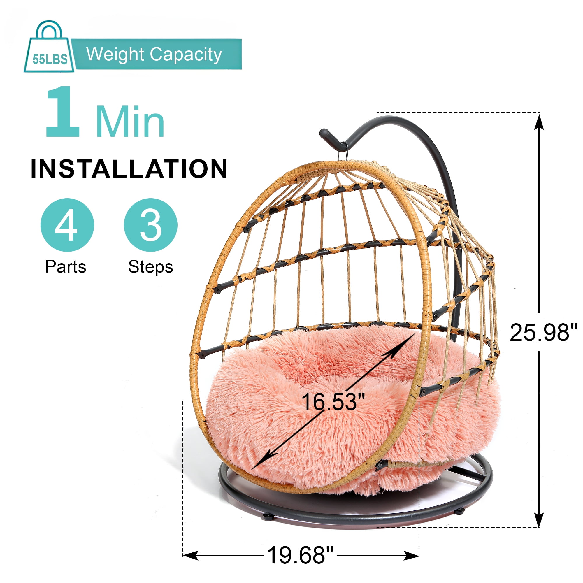 SWITTE Wicker Pet Bed Hammock Hanging Swing Pet Bed Dog & Cats Indoors & Outdoors,Pink