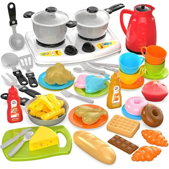 66PCS Pretend Play Kitchen Toys Cookware with Play Food Toy Set - Pretend Play Toy Kitchen Set - Cooking Stove and Accessories, Tableware Dish Set (4 Persons)