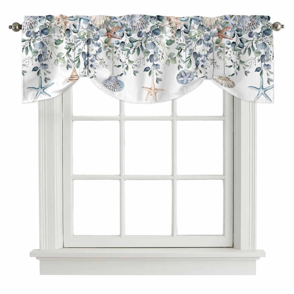 Green Teal Eucalyptus Tie Up Valance Curtains for Windows, Kitchen Curtains Window Shades, Coastal Summer Starfish Light Filtering Roman Curtain Valances for Bedroom/Bathroom/Cafe 42"x12"