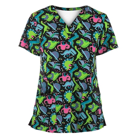 

GATXVG Minty Mint Womens Scrubs Tops Medical Uniform Scrub Short Sleeve Revolution V Neck Nurse Workwear With 2 Pockes Animal print Beach T-shirts