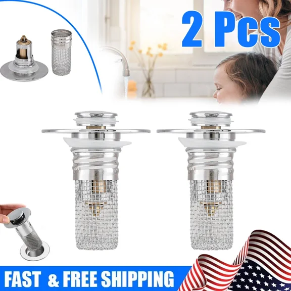 2Pcs Pop Up Floor Drain Filter Bathroom Sink Stopper Hair Catcher W/Mesh Basket