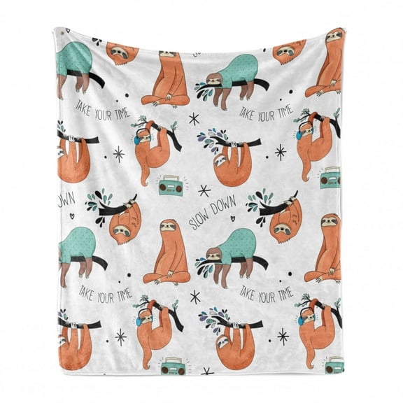 Sloth Soft Flannel Fleece Throw Blanket, Pattern Hand Drawn Sloths on Branches Laziness Mood Words Fun, Cozy Plush for Indoor and Outdoor Use, 70" x 90", Pale Blue Orange Black, by Ambesonne