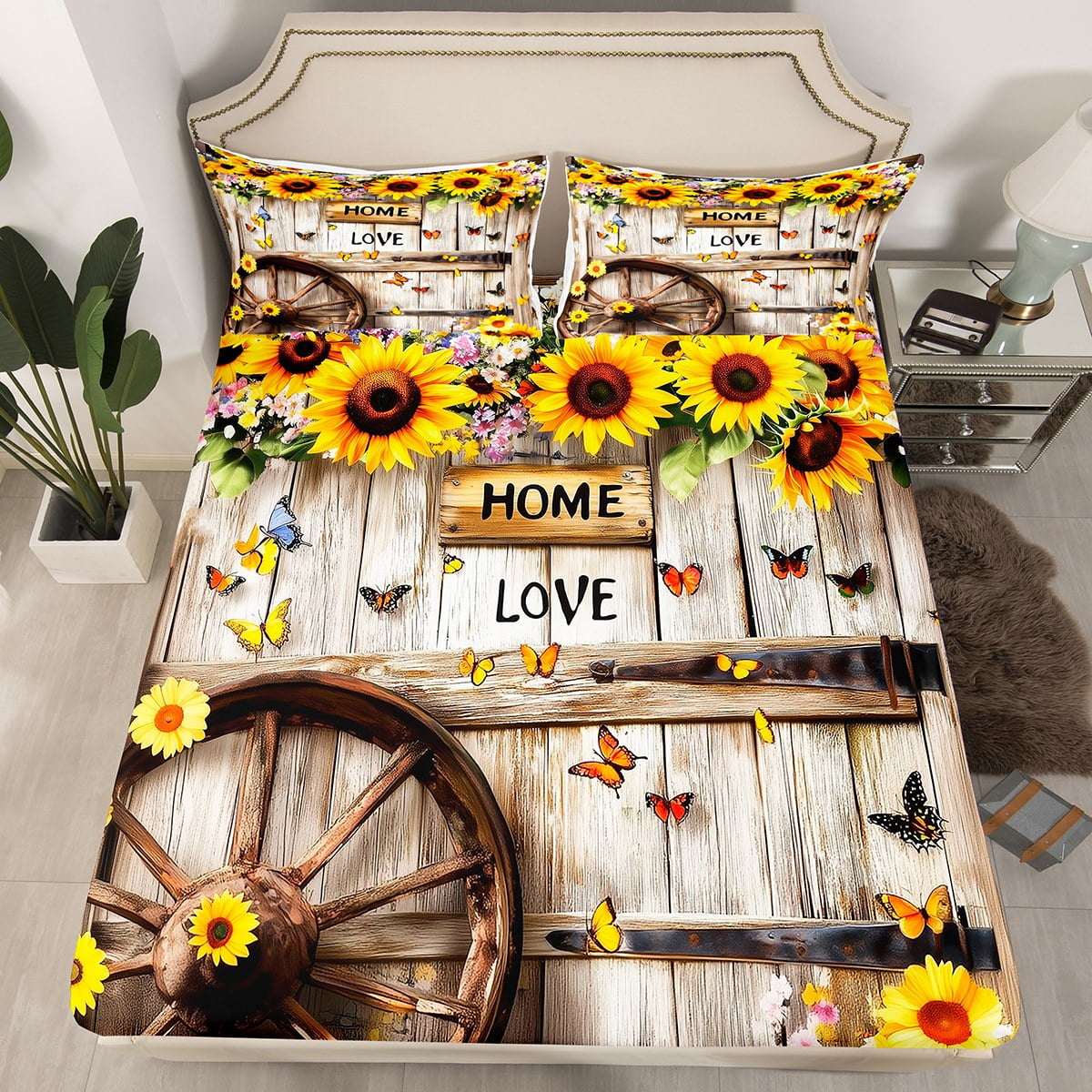 Homewish Vibrant Sunflower Floral Twin Sheet Sets for Kids, Rustic Wooden Plank Twin Fitted Sheet, Cartoon Butterfly Flat Sheet, Super Cozy Room Decor, 3 Pieces