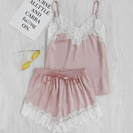 

Spaghetti Strap Lace Satin Cami Top and Shorts Pajama Set Womens Sleepwear Pajama Set