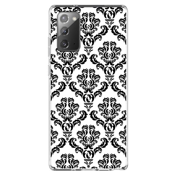 DistinctInk Clear Shockproof Hybrid Case for Galaxy Note 20 ULTRA (6.9" Screen) - TPU Bumper, Acrylic Back, Tempered Glass Screen Protector - White Black Damask Pattern - Floral Damask Pattern