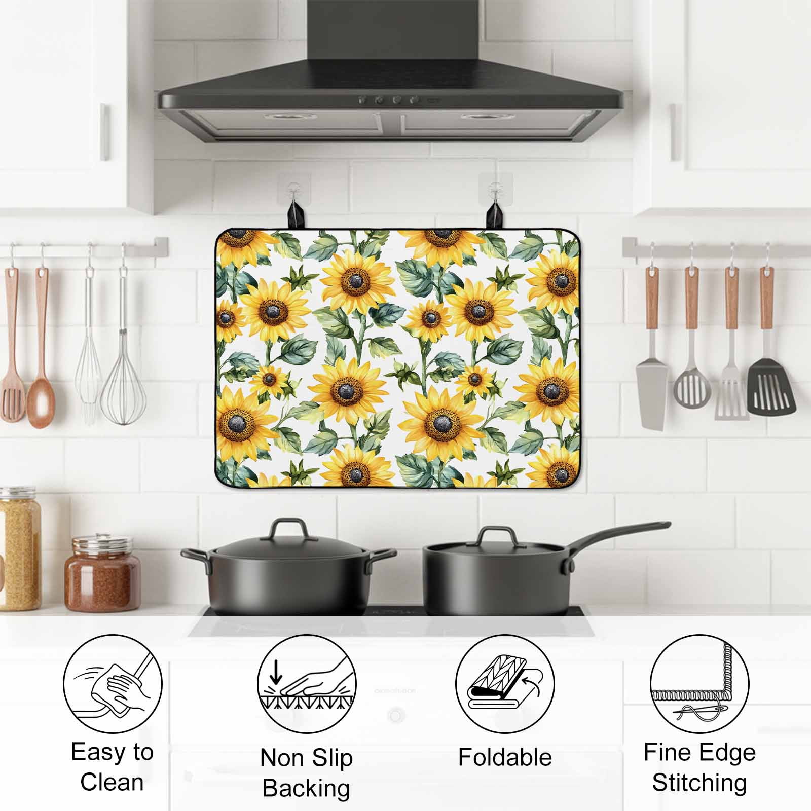Sunflower Stove Top Cover for Electric Stove, Heat-proof & Non Slip Glass Top Stove Cover Protector, Spring Green Botanical Summer Floral Kitchen Flat Cooktop Rubber Mat 24x21 Inches