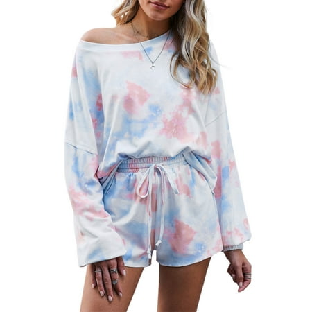 

Eytino Womens Pajamas Set Tie Dye Printed Long Sleeve Top and Shorts PJ Sets