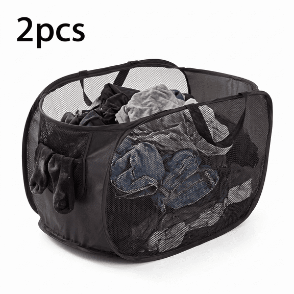 ROSEXIXI 2PCS Folding Laundry Basket Breathable Pop Up Dirty Clothes Basket with Side Bags Suitable for Storing Toys and Clothes