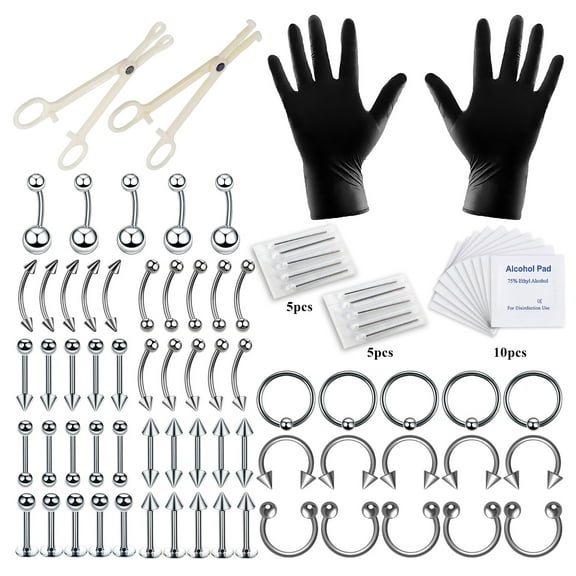 Designice 104Pcs Piercing Kit Nose Rings Tongue Tragus Nipple Eyebrow Piercing Tools
