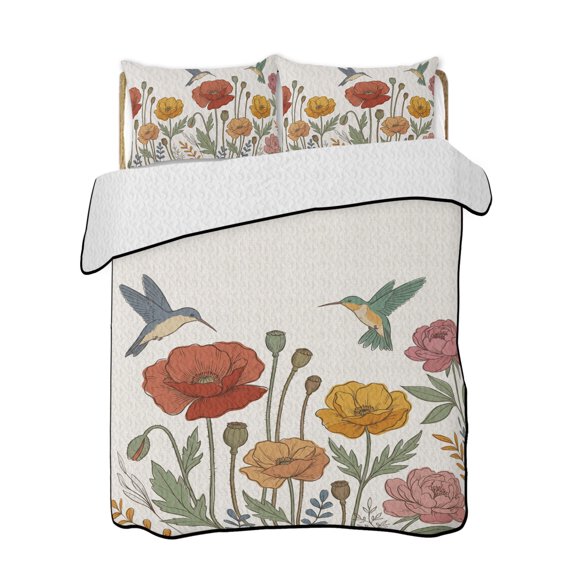 Full Size Quilt Bedding Set, Spring Floral Reversible Summer Quilt 3 Pieces, Elegant Pastoral Flowers Birds Rustic Lightweight Bedspreads Coverlets with 2 Pillow Shams for All Seasons
