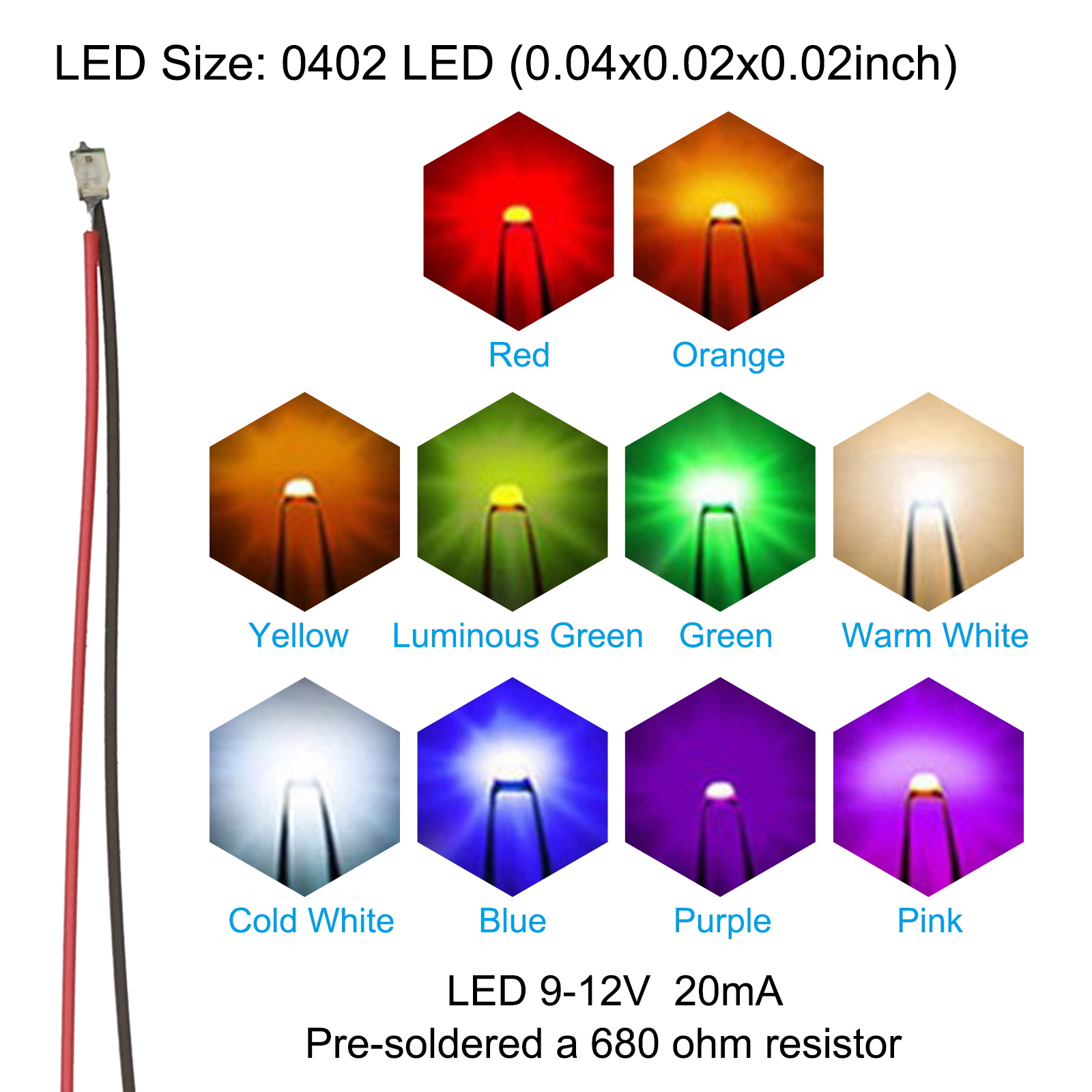Uxcell 0402 Pre-Wired Micro LED, 100 Pcs 9-12V Pre-soldered Mini Light Emitting Diodes Surface Mount Device for Model, DIY, Science Projects, 9.8" Length, 10 Colors