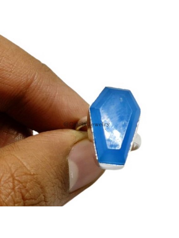 Blue Chalcedony Genuine Gemstone Coffin Ring, Natural 925 Sterling Silver Ethnic Western Ring, Gifts For Couples, Graduation Ring (Blue Chalcedony, Size 7)