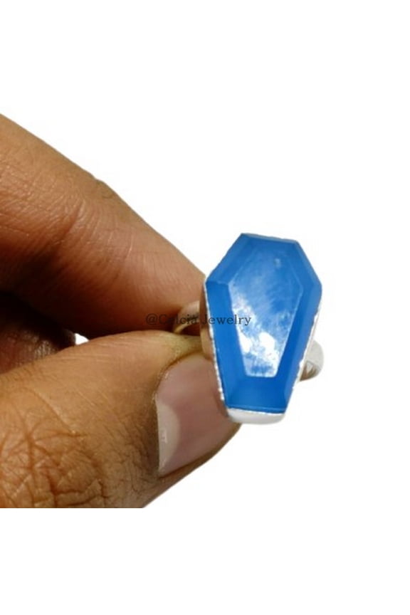Blue Chalcedony Genuine Gemstone Coffin Ring, Natural 925 Sterling Silver Ethnic Western Ring, Gifts For Couples, Graduation Ring (Blue Chalcedony, Size 7)