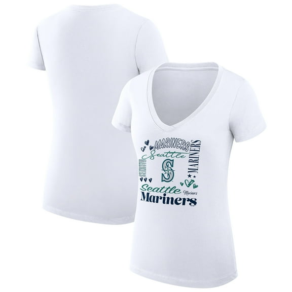 Women's G-III 4Her by Carl Banks White Seattle Mariners Super-Slim Fit Lightweight Collage Team Graphic V-Neck T-Shirt