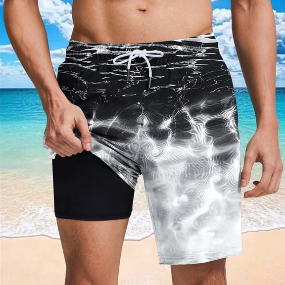 Yaoyar Mens 2 in 1 Swim Trunks, Drawstring Elastic Waist Bathing Suit Beach Shorts with Compression Liner & Pockets