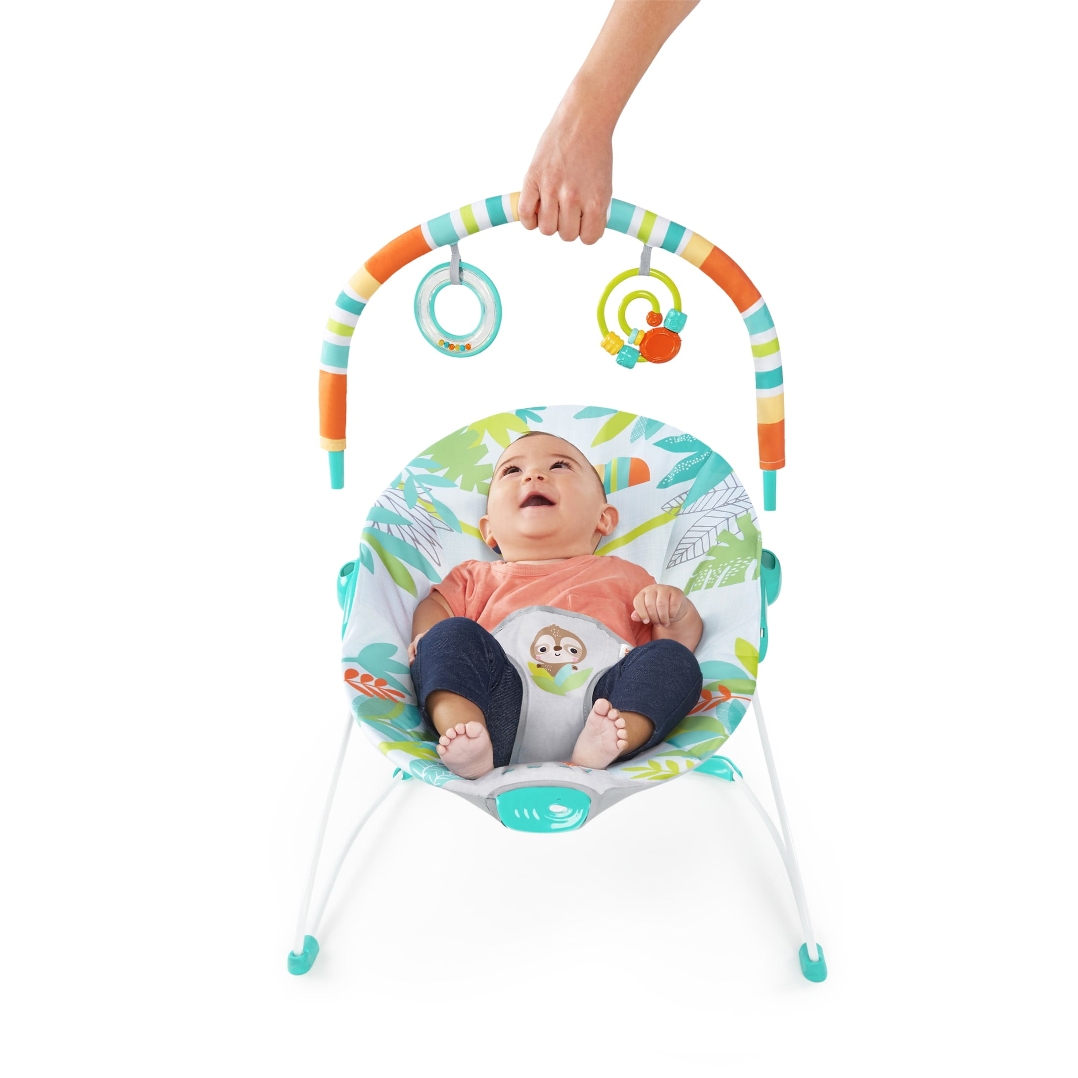 Bright Starts Rainforest Vibes Vibrating Baby Bouncer with Toy Bar, Green, Ages 0-6 Months