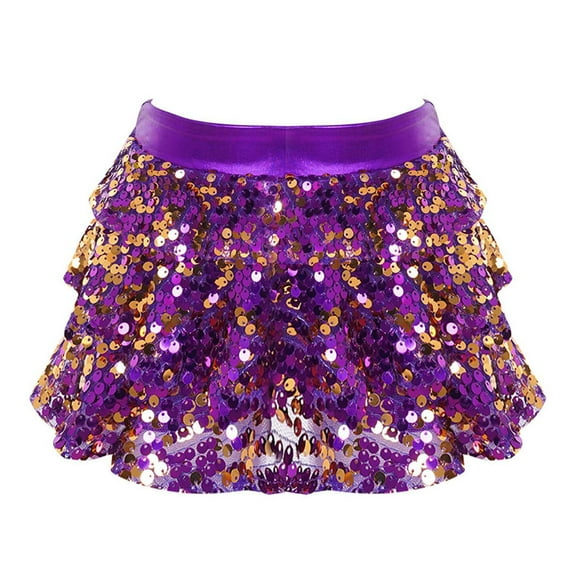 Jowowha Women's Shiny Sequin Ruffle Skirt High Waist Layered Hem Sparkle Glitter Mini Short Skirts Purple One Size