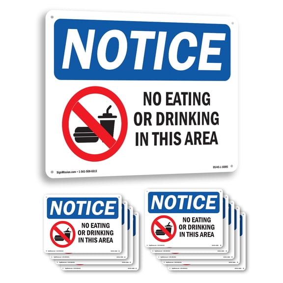 No Eating Or Drinking In This Area OSHA Notice Aluminum Sign 14 Inch x 10 Inch - 10 Pack