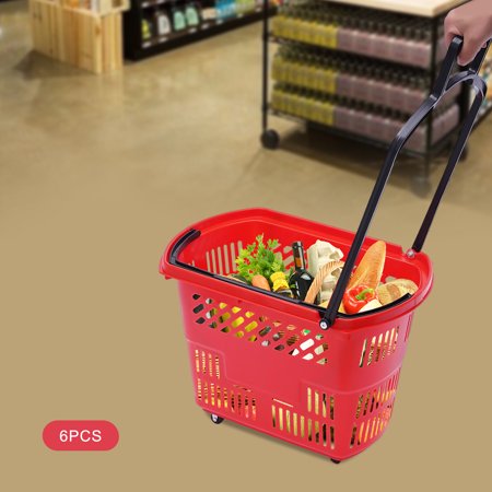 ToppiJoy 6PCS 35L Shopping Carts, Shopping Basket with Handle Plastic Wheels, Portable Store Baskets Retail Baskets Set for Market Grocery Store (Red)