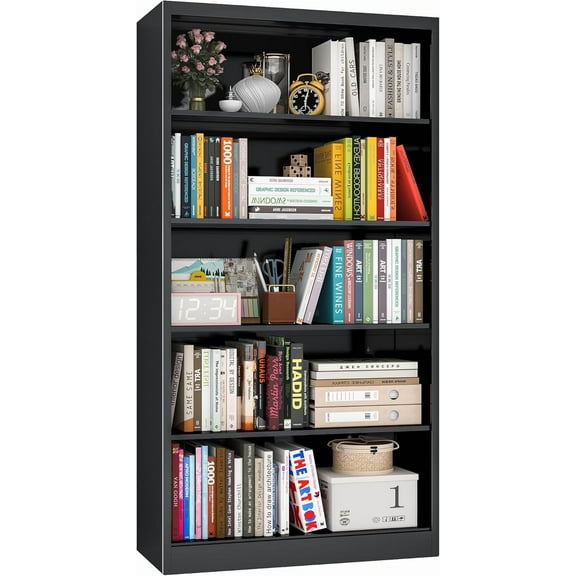 Bookcase,5 Tier Black Bookshelves,55" Tall Free Standing Metal Bookcase with Adjustable Storage Shelves, Wide Bookshelf for Bedroom Living Room Home Office School (Black)