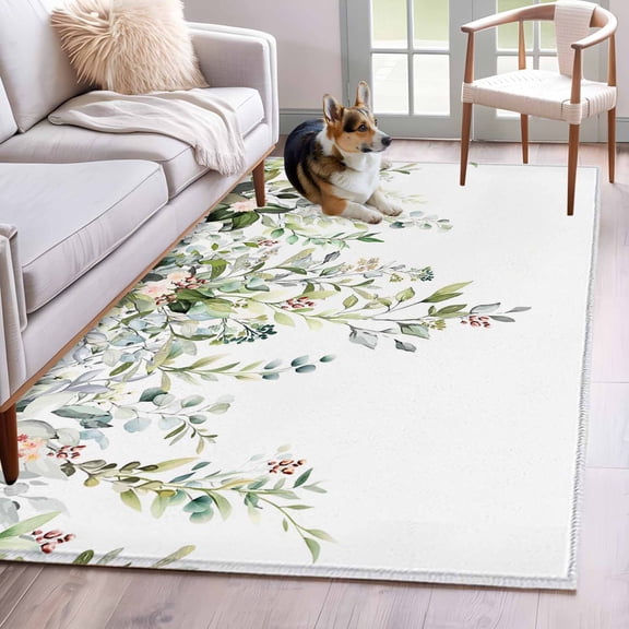 3'x5' Rug for Living Room Bedroom, Sage Green Eucalyptus Washable Area Rugs Non-Slip Carpet Mats, Pink Floral Buds Summer Pastoral Indoor Low Pile Area Rug Runner for Kitchen, Mudroom