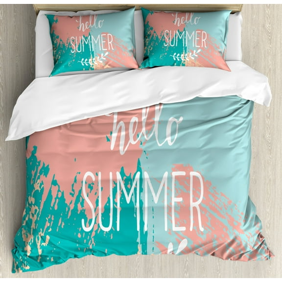 Quote Decor King Size Duvet Cover Set, Hello Summer Lettering Image with Splash Colored Like Background Artwork Print, Decorative 3 Piece Bedding Set with 2 Pillow Shams, Multicolor, by Ambesonne