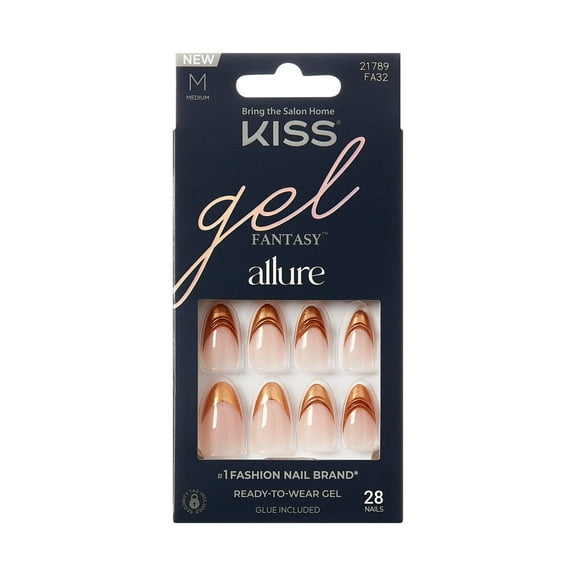 KISS Gel Fantasy Allure Press On Nails Almond, ‘Golden Trace’, Beige, Medium, 28 Count