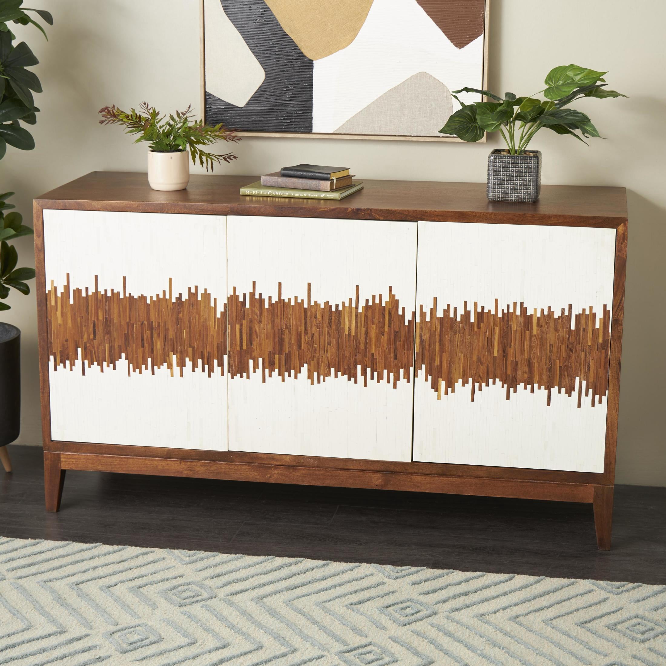 DecMode 60" x 34" Brown Mango Wood Abstract 3 Door and 3 Shelf Sideboard with White Front and Striped Pattern, 1-Piece
