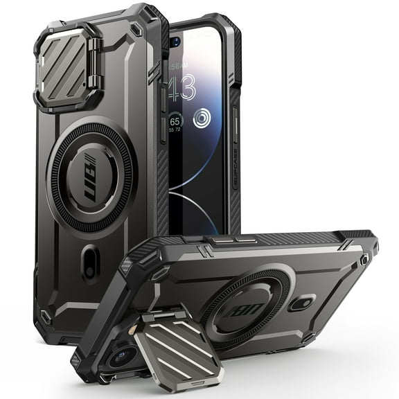 SUPCASE UB Mag XT for iPhone 15/ iPhone 14 / iPhone 13 Case 6.1" with Camera Cover, [Compatible with MagSafe] Heavy Duty Rugged Case with Built-in Kickstand (Black)