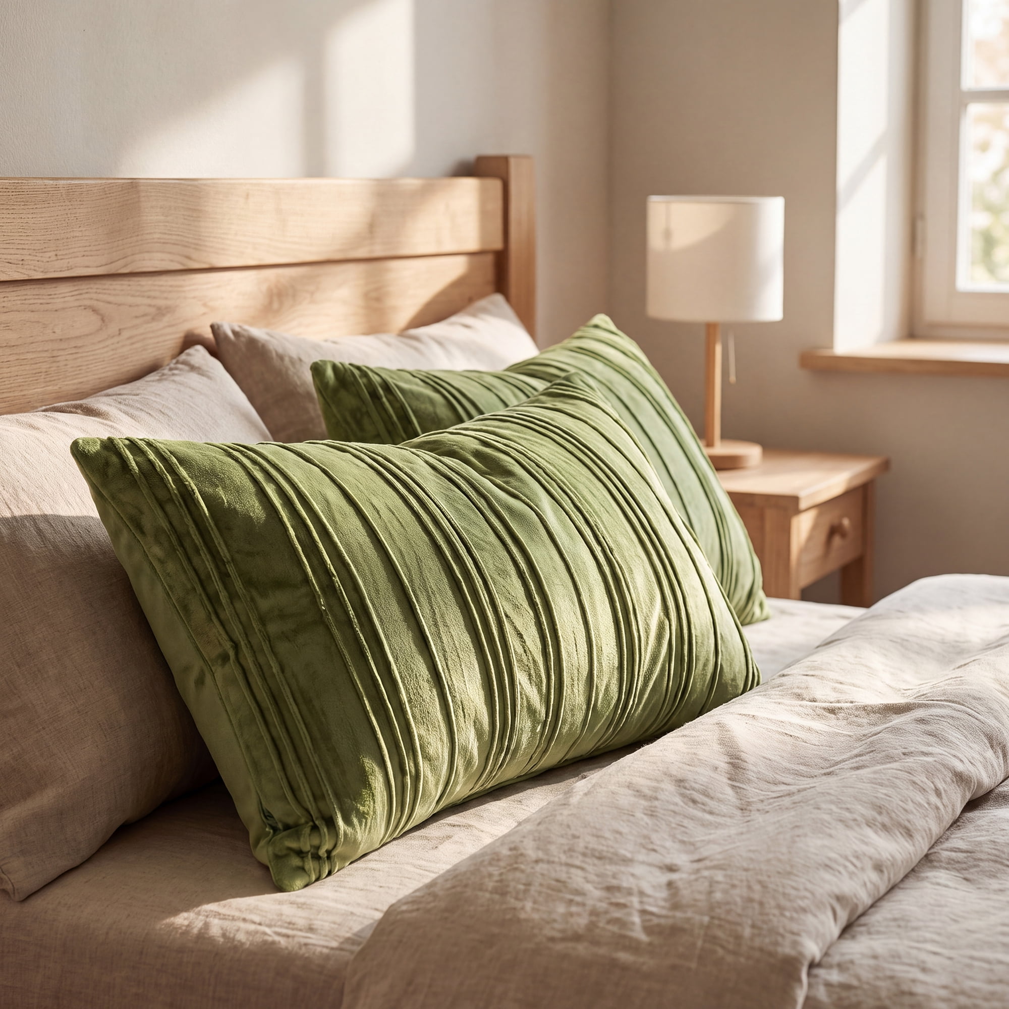 Unique Bargains 2Pcs Pleated Textured Throw Pillow Covers Couch Cushion Cases Olive Green 20" x 12"