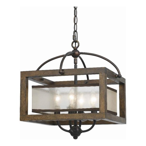 4 Bulb Semi Flush Pendant with Wooden Frame and Organza Striped Shade,Brown