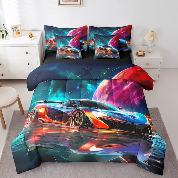 Castle Fairy Racing Car Twin Bedding Sets,Speed Race Car Bedding Comforter Set