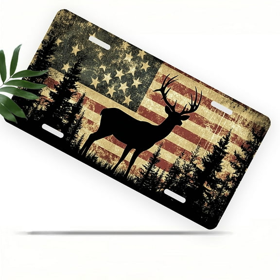 License Plate, Patriotic Deer Silhouette Decorative Front,Personalized Stainless Steel License Plate Cover For Men Women,12.2" X 6.2"