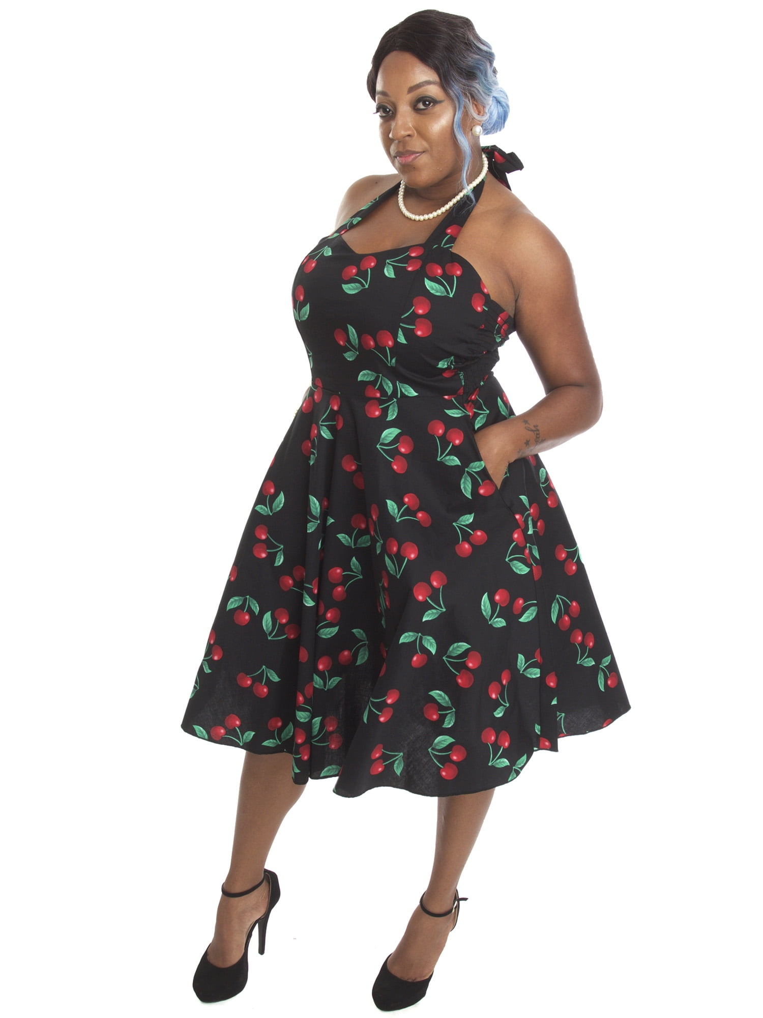 Cherry Print Black Cotton Halter Dress Pin Up Rockabilly 50s - S M L - Walmart.com