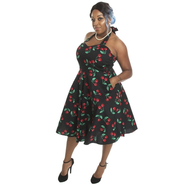 Cherry Print Black Cotton Halter Dress Pin Up Rockabilly 50s - S M L - Walmart.com