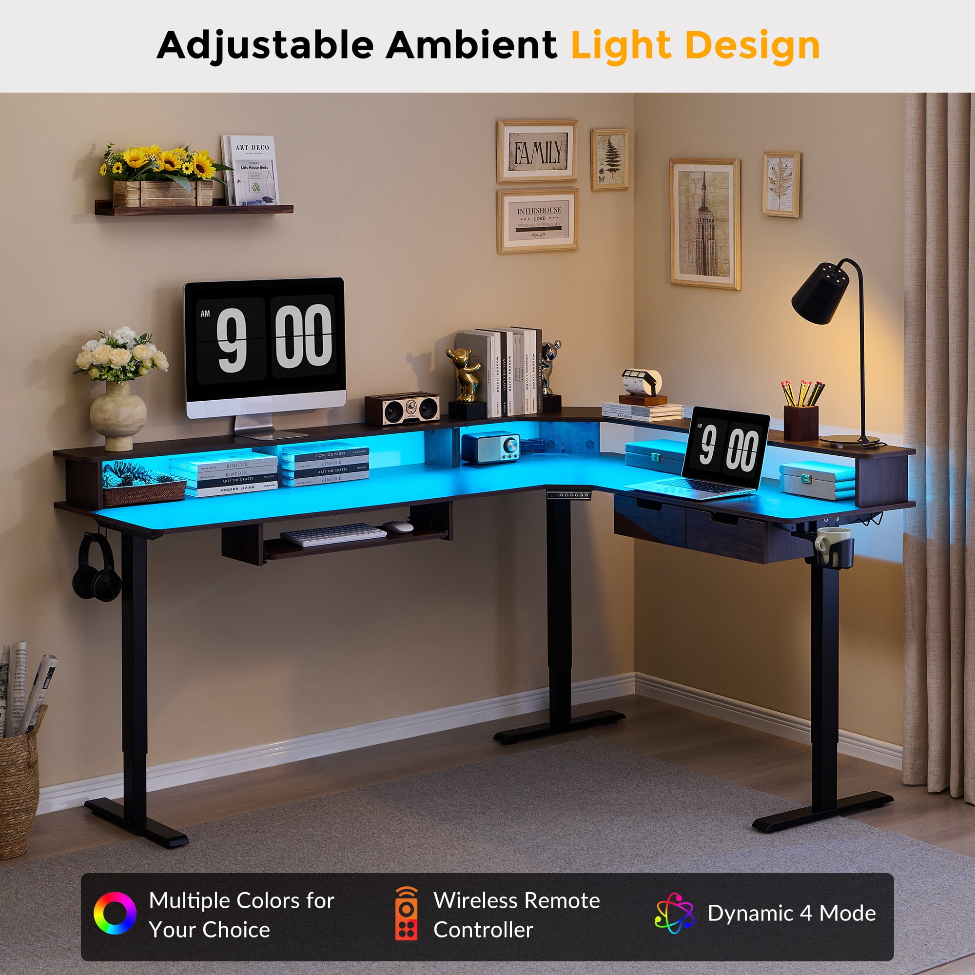 KeyWhat 70" L Shaped Standing Desk, Electric Height Adjustable Computer Desk with Shelves & Keyboard Tray & LED Strip & Power Outlets, Dark Walnut