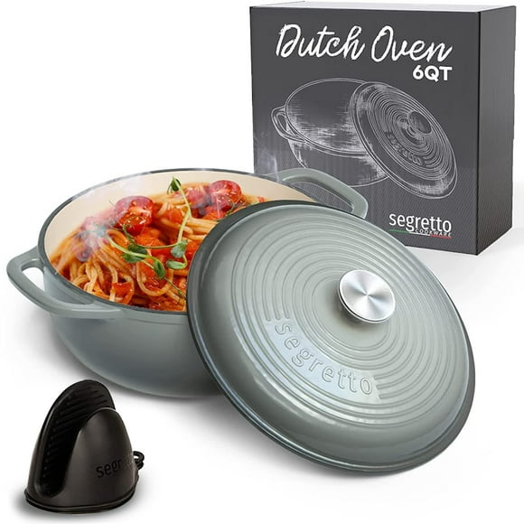 Segretto cookware Enameled cast Iron Dutch Oven with Handle, 6 Quarts, grigio Scuro (gradient Dark gray) Enameled 6 quart Dutch Oven with Lid Large Enamel Dutch Oven comes with Silicone Pot Holders