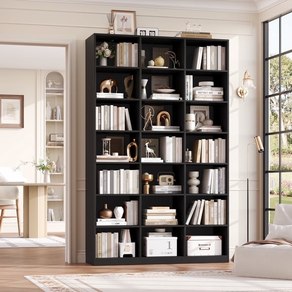Hiphuta 86"H x 47"W Wood Triple 7-Tier Standard Bookcase, Tall Bookcase for Bedroom, Living Room and Office, Freestanding 21 Cubes Display Storage Shelves, Black