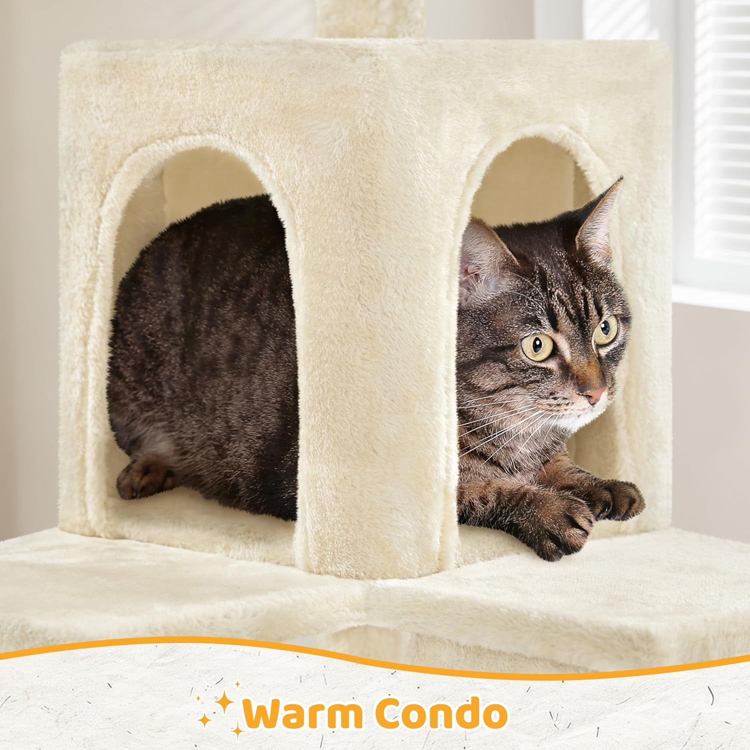 LibraMAl Cat Tree, 54in Tall Cat Tower for Indoor Cats with Extended Platform & Basket, Spacious Cat Condo, Funny Hammock, Scratching Posts and Ladder, Beige