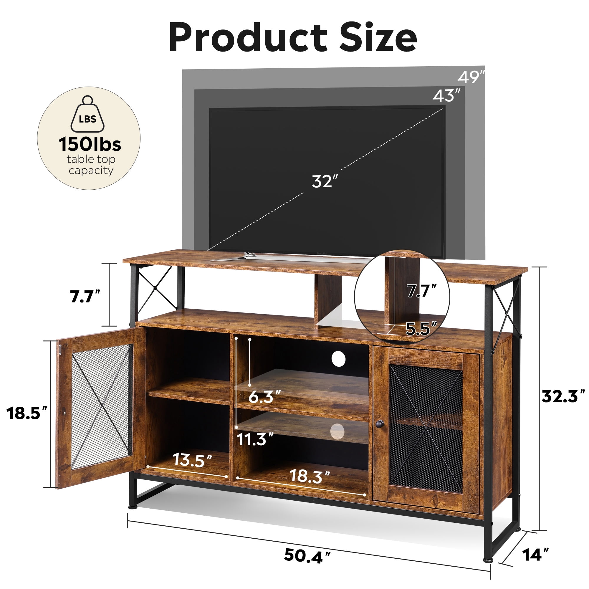 GALAXHERO Tall TV Stand for TVs up to 55", Farmhouse Industrial Entertainment Center with Storage, Media Console for Living Room Bedroom Rustic Brown