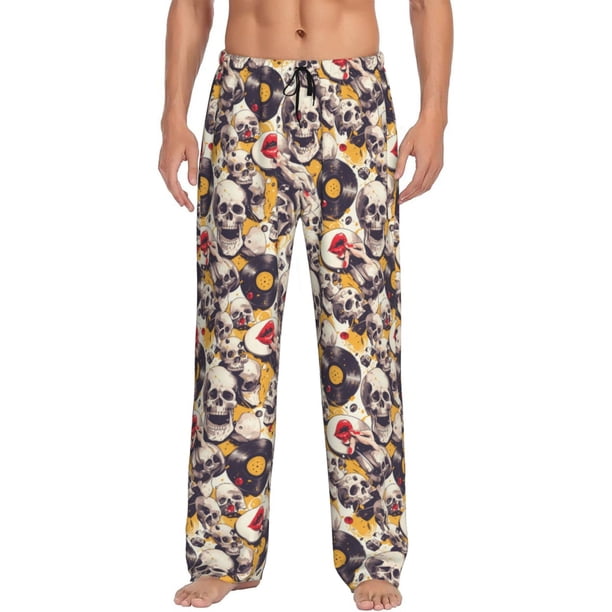 Fotbe lips record rock Skull Pantalones de Pijama para Hombre, Pantalones de Dormir, Pantalones de Casa con Cintura Ajustable y Bolsillos-Medium