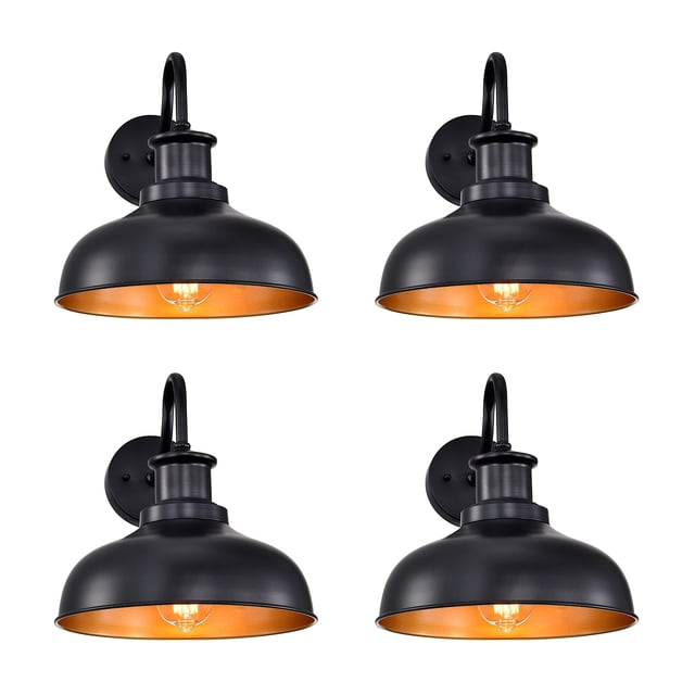 Lámpara de pared exterior estilo granero Diyel, 4 unidades, negro y dorado
