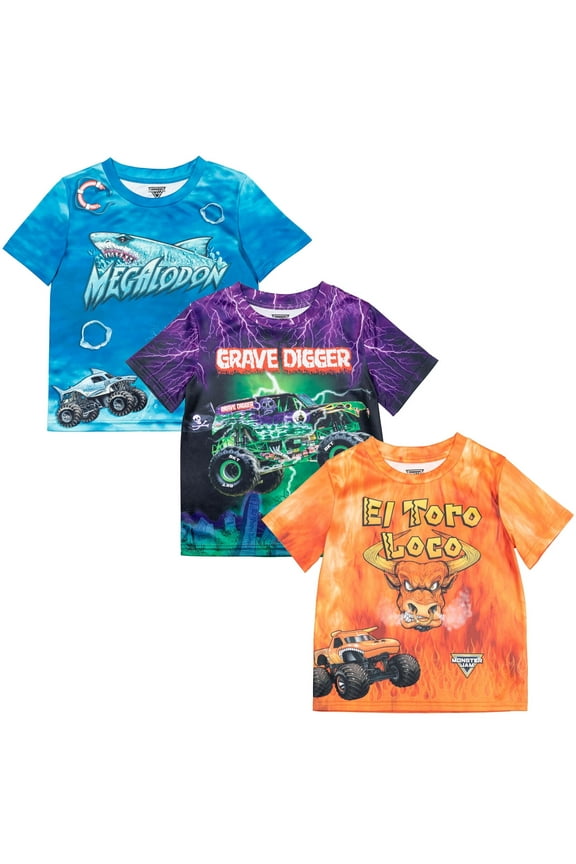 Grave Digger El Toro Loco Megalodon Monster Truck Toddler Boys 3 Pack T-Shirts Toddler to Big Kid