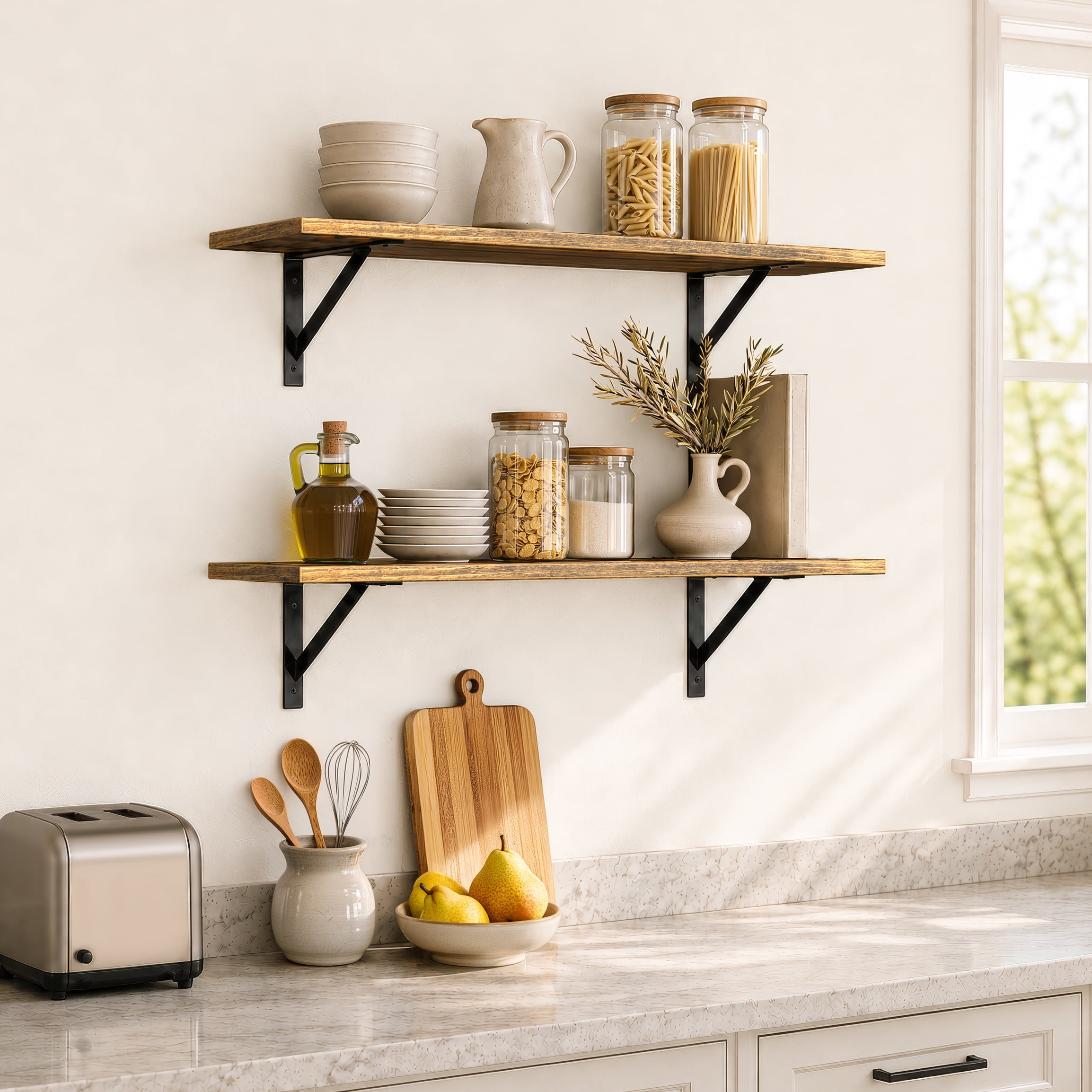 Sorbus Wall Shelves 31.5" with Black Metal Brackets, Floating Storage Shelves, Brown, Set of 2