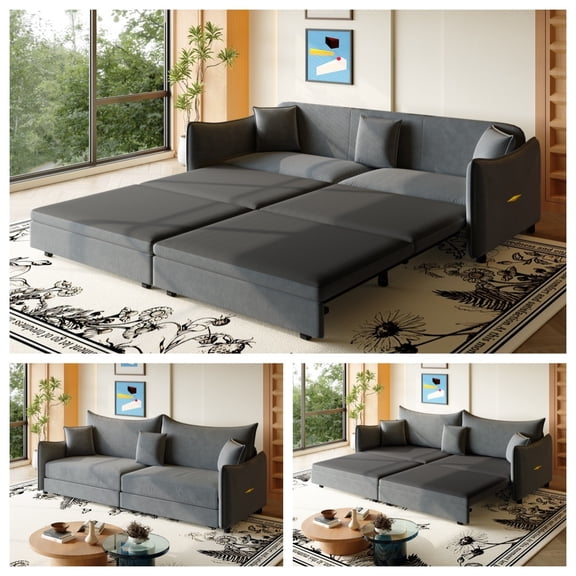 3-in-1 Convertible Pull Out Sofa Bed, 81.9'' King Size Sleeper Sofa Bed with Golden Accent Trim, Velvet 3-Seater Couch with 3 Pillows for Living Room, Small Space, Apartment